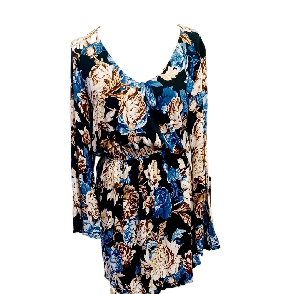 Audrey  Women's Black Floral Bohemian Elastic Waist Mini Dress Size Small